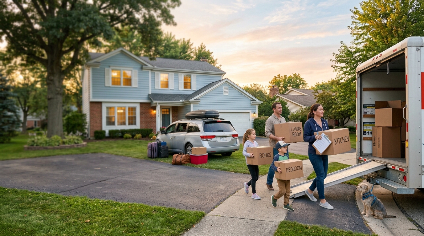 Family loading boxes into a moving truck while planning how to move to another state