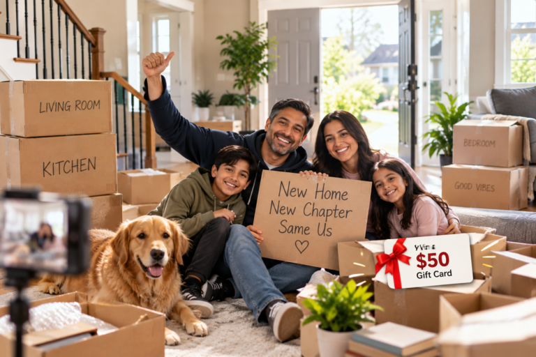 A family with moving boxes outside their new home.