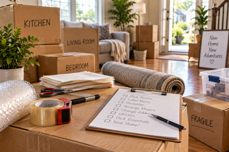 Moving checklist, packing tape, and supplies on cardboard boxes.