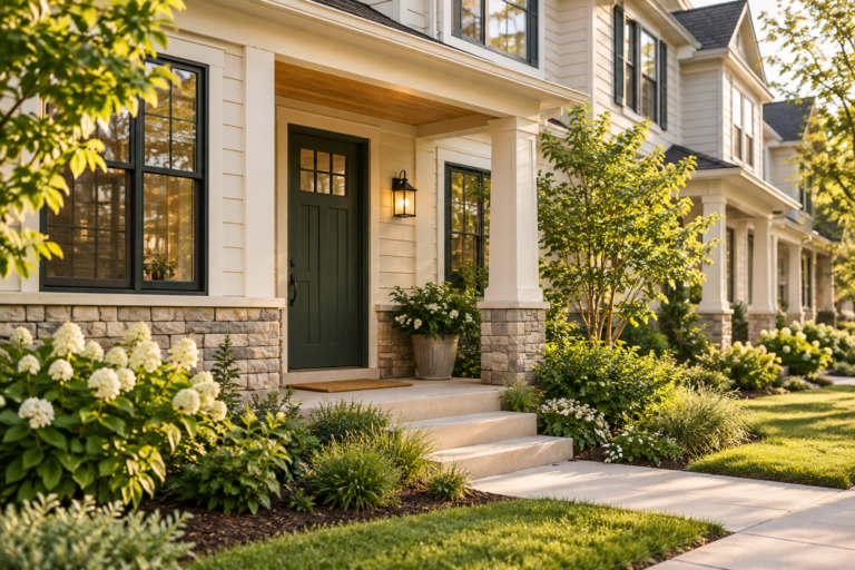 Welcoming townhouse with a green front door and landscaped porch